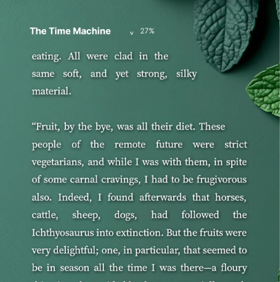 Homescreen Reader widget showing The Time Machine on a leafy green home screen